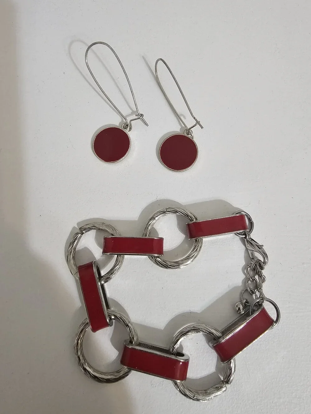 Charming Charlie Red Enamel Circle Drop Earrings & Link Bracelet Set